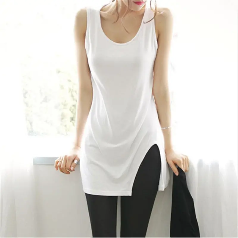 S-Xxl Oversized Tops For Women Modal Casual Long Tank Top T Shirt Women Split Tee Shirt Big Size Slim T Shirts 9