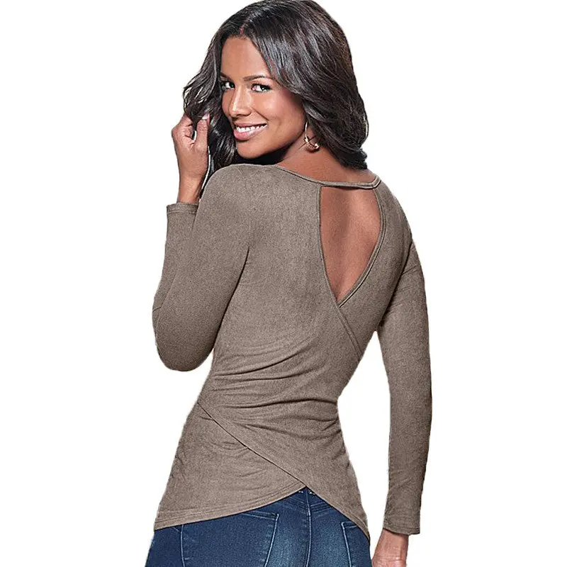 S-Xxl Plus Size T Shirt For Women Long Sleeve Back Open Women's T Shirt Cotton Slim Casual Tops Tee Solid Shirts Women Clothing 2