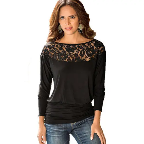 S-Xxl Plus Size Women Clothing Long Sleeve Lace Patchwork T Shirt Women Casual O Neck T Shirts Tops Sexy Crochet Tee Shirt Femme 1