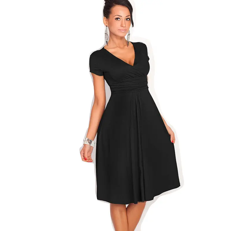 S-Xxl Women Dress Short Sleeve Sexy Middle Long V-Neck Casual Dress Plus Size Lady Work Wear Pleated Dress 1