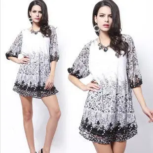 Sale Promotion European Chiffon Pachwork Lace Dress Sexy Floral Print Mini Party Dresses Plus Size Vestidos Renda 2