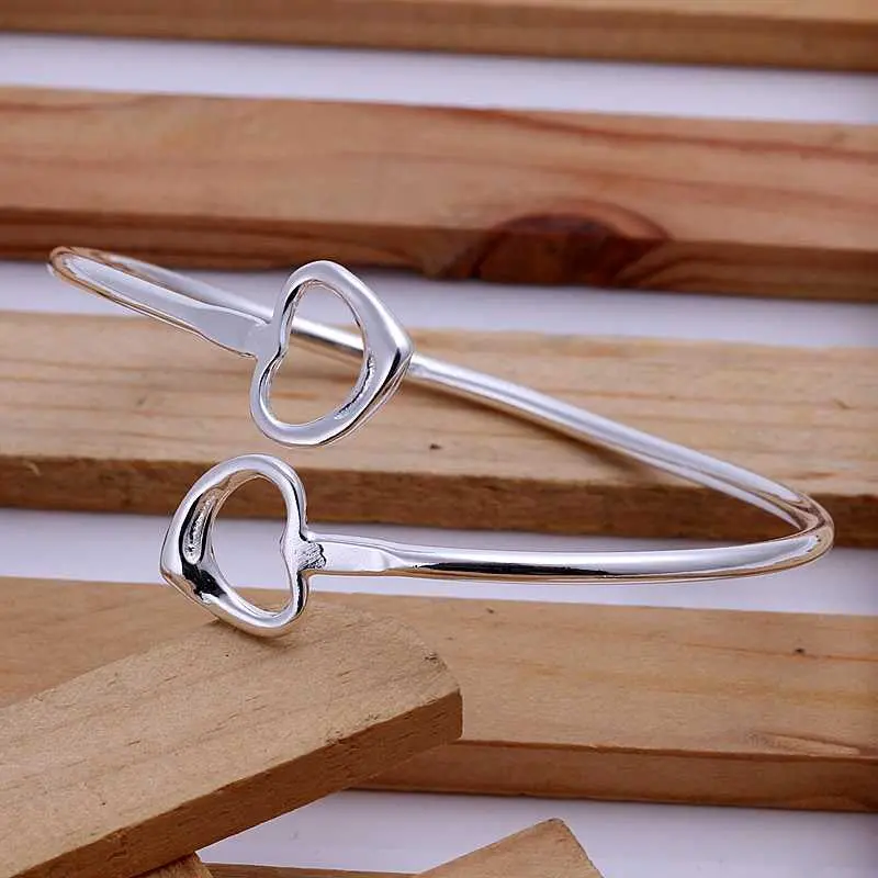 Sale Silver Charms Bangle Double Heart Women Wedding Bracelet Diy Smtb 77 2