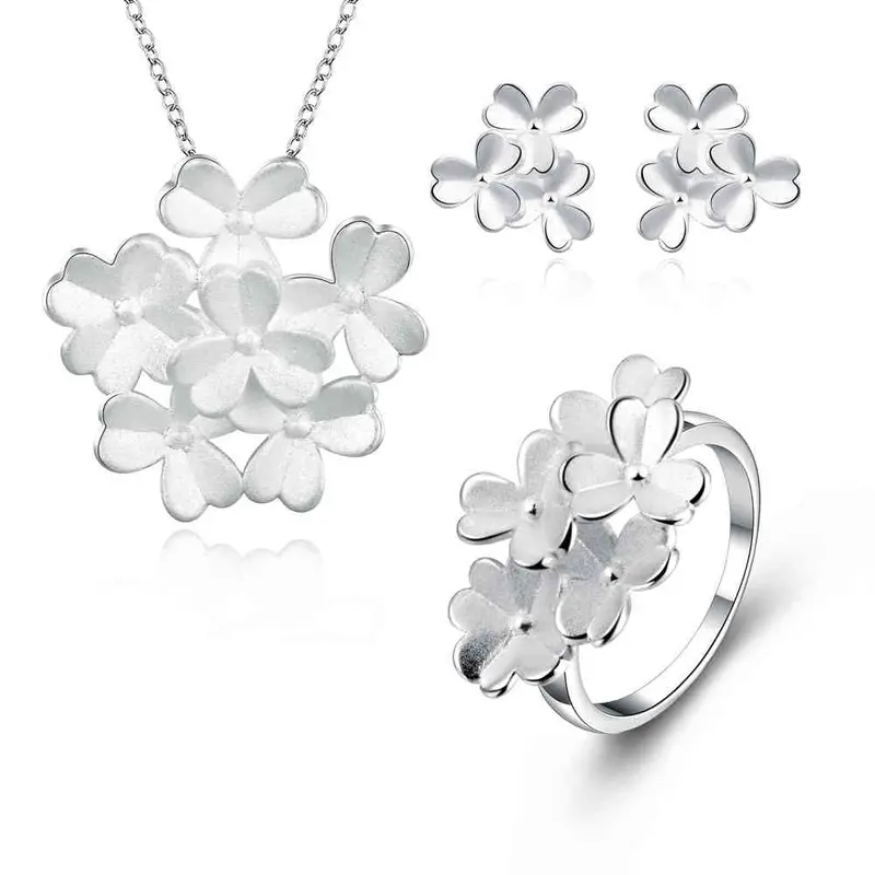 Sale Silver Plated Jewelry Set Clover Flower Necklace Earring Ring Sets Gift For Her 7 1
