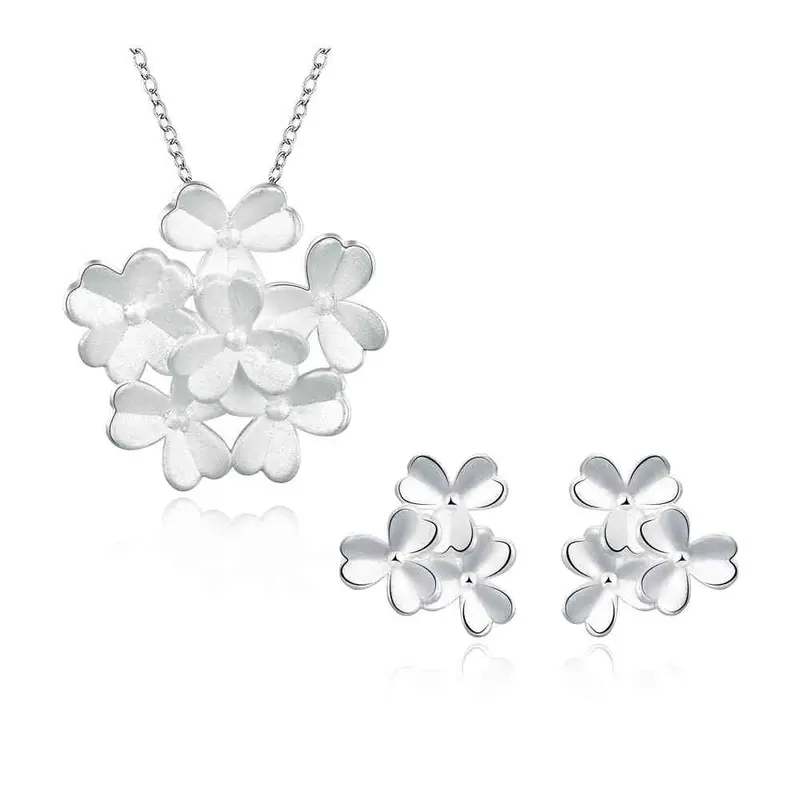 Sale Silver Plated Jewelry Set Clover Flower Necklace Earring Ring Sets Gift For Her 7 2