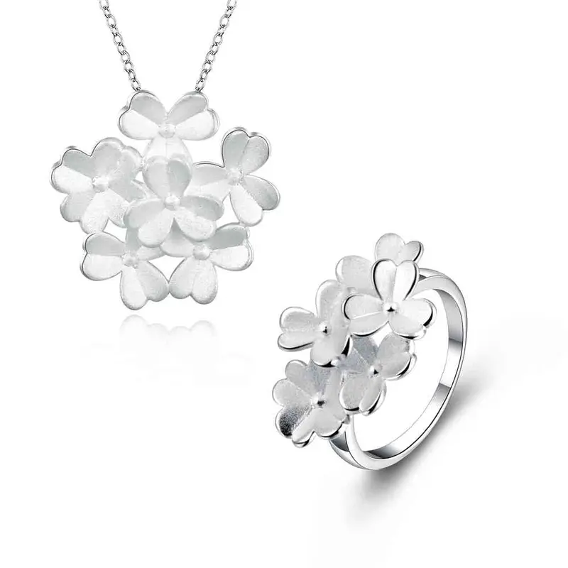 Sale Silver Plated Jewelry Set Clover Flower Necklace Earring Ring Sets Gift For Her 7 3