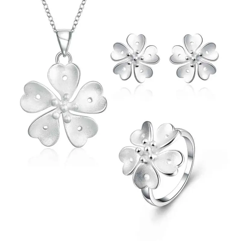 Sale Silver Plated Jewelry Set Clover Flower Necklace Earring Ring Sets Gift For Her 7 4