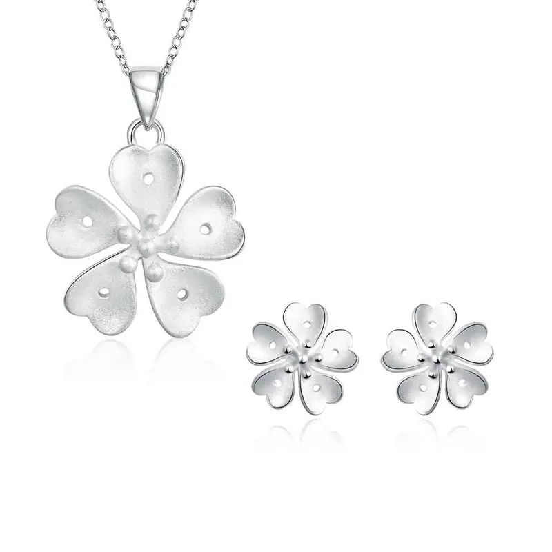 Sale Silver Plated Jewelry Set Clover Flower Necklace Earring Ring Sets Gift For Her 7 5