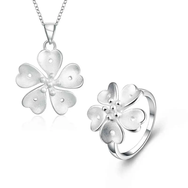 Sale Silver Plated Jewelry Set Clover Flower Necklace Earring Ring Sets Gift For Her 7 6