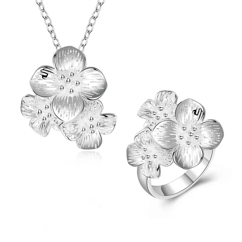 Sale Silver Plated Jewelry Set Clover Flower Necklace Earring Ring Sets Gift For Her 7 7