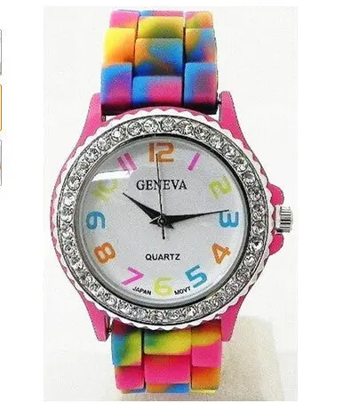 Sale Woman Watches Geneva Rainbow Crystal Rhinestone Watch Silicone Jelly Link Band Bracelet Watch Relogio Feminino Wristwatch 1