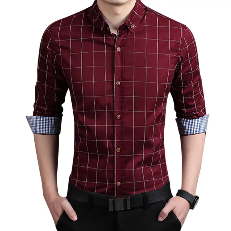 Sales Men's Solid Color Slim Plaid Long-Sleeved Shirt 1