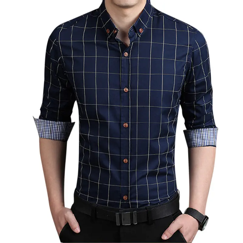 Sales Men's Solid Color Slim Plaid Long-Sleeved Shirt 2
