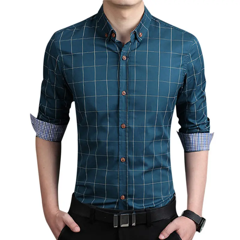 Sales Men's Solid Color Slim Plaid Long-Sleeved Shirt 3