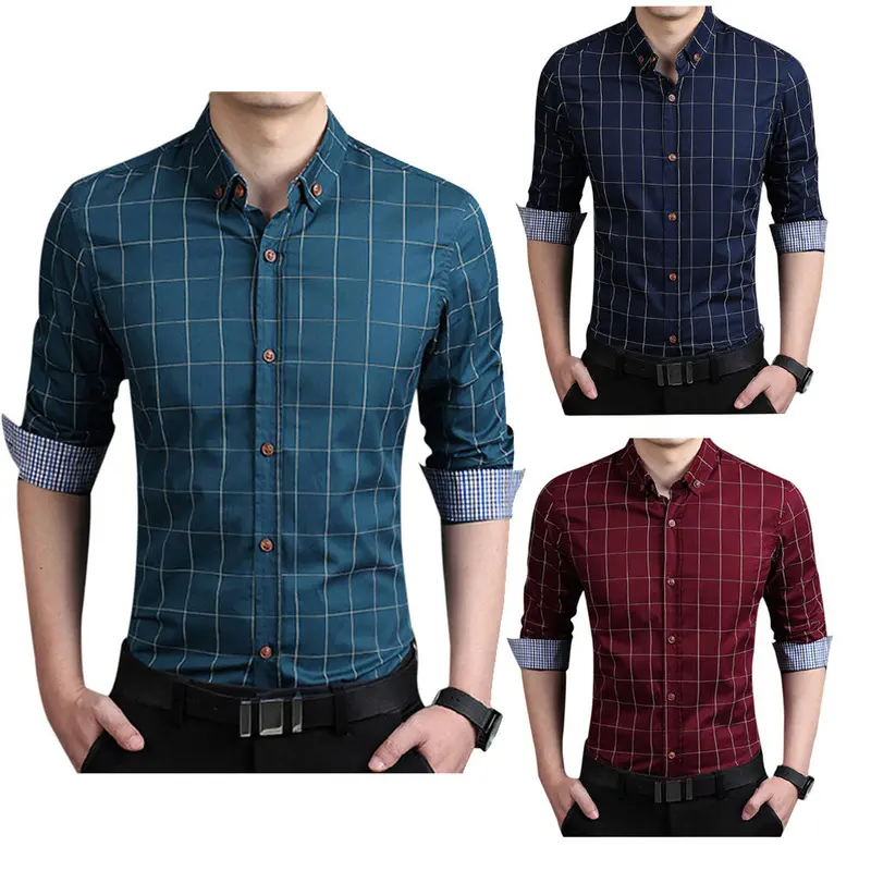 Sales Men's Solid Color Slim Plaid Long-Sleeved Shirt 4