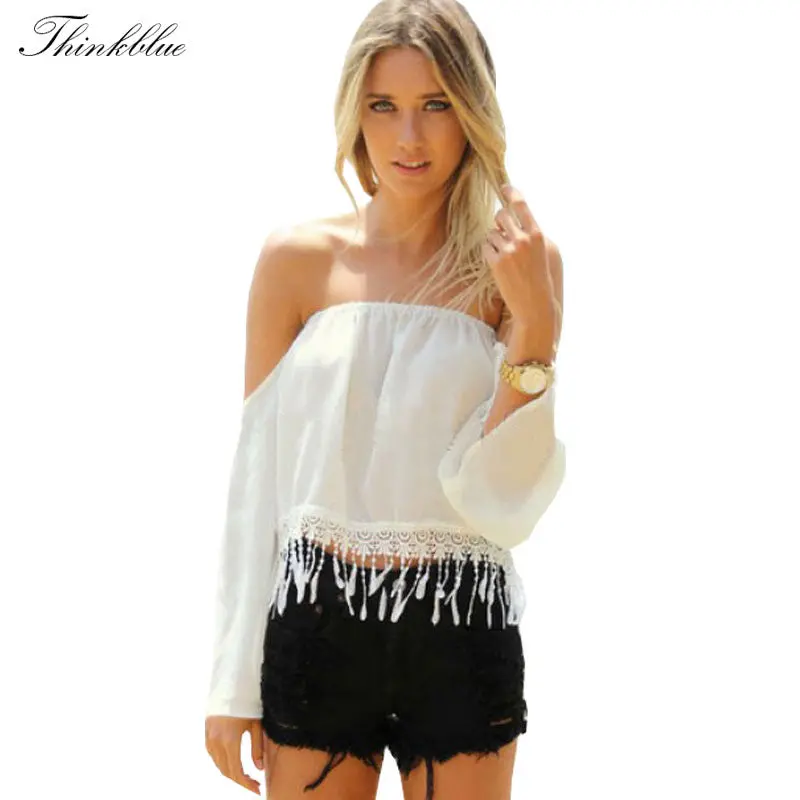 Sales Promotion European Sexy Off Shoulder Chiffon Shirts Women Crochet Tassel Crop Top White Chiffon Blusa Feminina 1