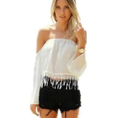 Sales Promotion European Sexy Off Shoulder Chiffon Shirts Women Crochet Tassel Crop Top White Chiffon Blusa Feminina 2