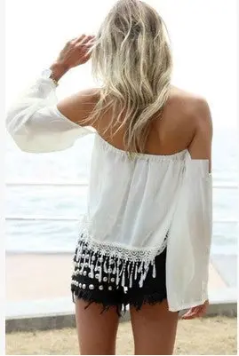 Sales Promotion European Sexy Off Shoulder Chiffon Shirts Women Crochet Tassel Crop Top White Chiffon Blusa Feminina 3