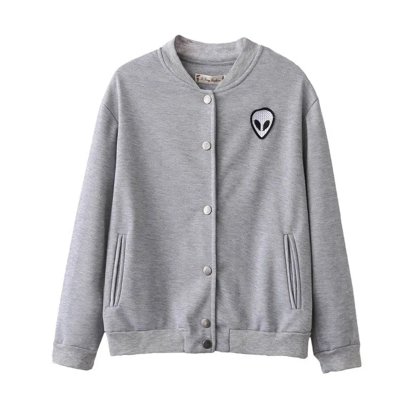 School Style Gray Alien Embroidery Jacket Women Stand Collar Button Coat Long Sleeve Women Basic Coats 1
