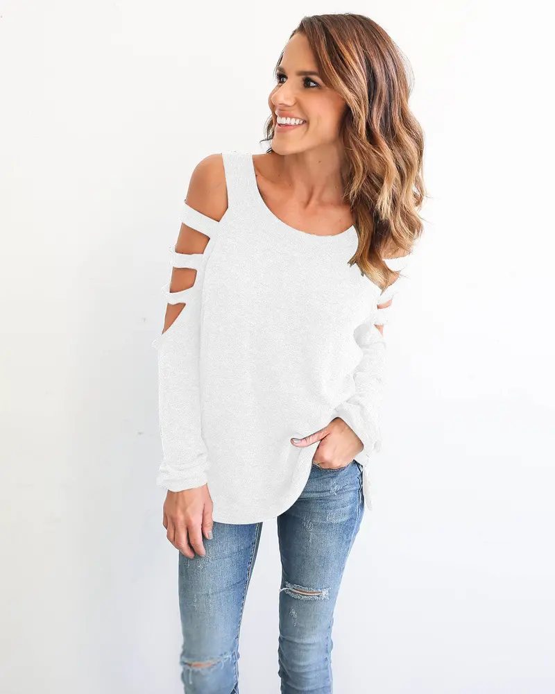 Scoop Neck Cotton Top for Teens – Hollow-Out Long Sleeve Casual Blouse