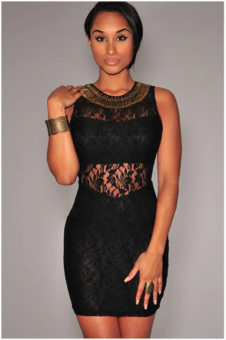 See Through Dress Mini Dress Sleeveless Hollow Out Black Bodycon Sexy Floral Lace Dress Short 1