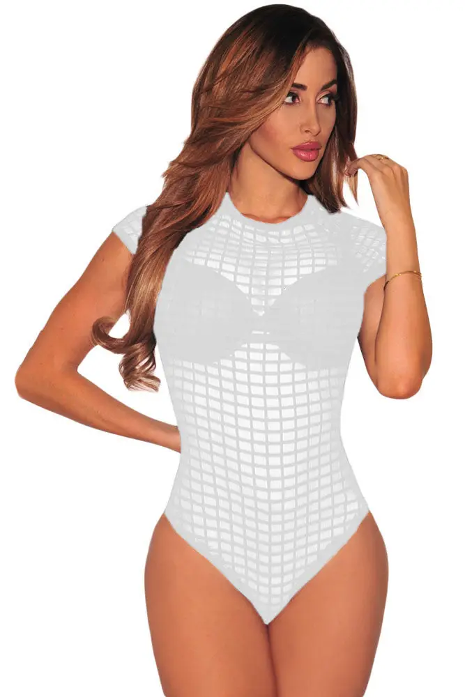 See Through Transparent Bodysuit Short Sleeve Black Plaid Sexy Rompers For Turtleneck Bodycon Jumpsuit 1