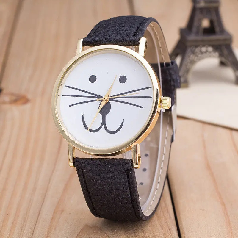 Selling Leather Watch Vintage Watch Women Dress Watches Cat Face Pattern Leather Analog Quartz Relogio 1