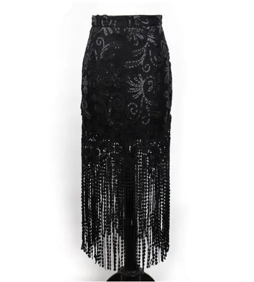 Sequin Crochet Flower Lace Tassel Skirt Sexy Lady High Waist Package Hips Midi Skirt Fringed 2 Color 1