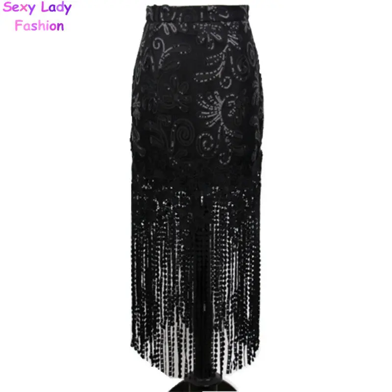 Sequin Crochet Flower Lace Tassel Skirt Sexy Lady High Waist Package Hips Midi Skirt Fringed 2 Color 3