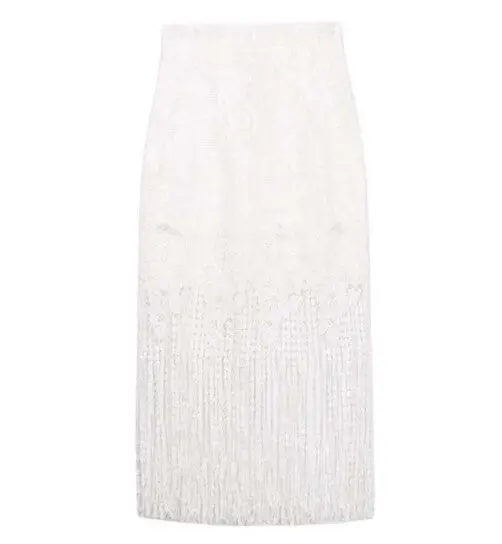 Sequin Crochet Flower Lace Tassel Skirt Sexy Lady High Waist Package Hips Midi Skirt Fringed 2 Color 4
