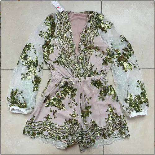 Sequin-Embellished Deep-V Jumpsuit for Women – Long-Sleeve Romper with Detachable Belt