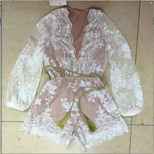Sequin-Embellished Deep-V Jumpsuit for Women – Long-Sleeve Romper with Detachable Belt