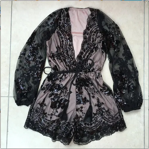 Sequin Jumpsuit Sexy Deep V Jumpsuit And Romper Playsuit Women Long Sleeve Lace Rompers Womens Jumpsuit With Belt 1