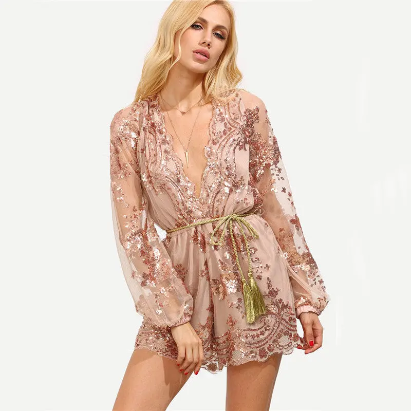 Sequin Jumpsuit Sexy Deep V Jumpsuit And Romper Playsuit Women Long Sleeve Lace Rompers Womens Jumpsuit With Belt 5