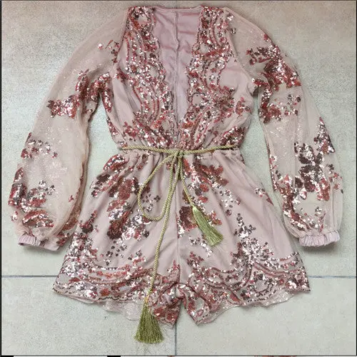 Sequin Jumpsuit Sexy Deep V Jumpsuit And Romper Playsuit Women Long Sleeve Lace Rompers Womens Jumpsuit With Belt 6