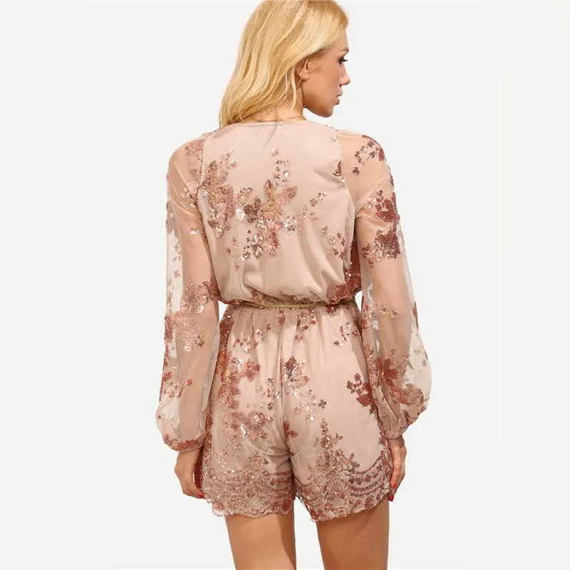 Sequin Jumpsuit Sexy Deep V Jumpsuit And Romper Playsuit Women Long Sleeve Lace Rompers Womens Jumpsuit With Belt 7