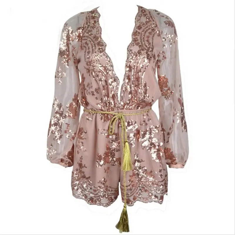 Sequin Jumpsuit Sexy Deep V Jumpsuit And Romper Playsuit Women Long Sleeve Lace Rompers Womens Jumpsuit With Belt 8