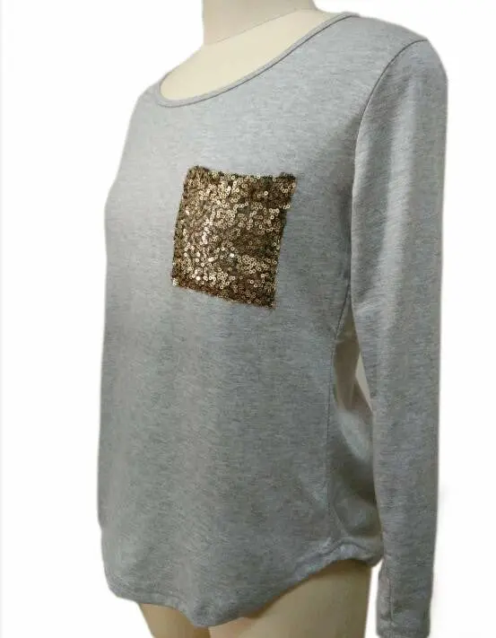 Sequined Pocket Long Sleeve Pullover – Loose O-Neck Casual Top for Plus Size Women
