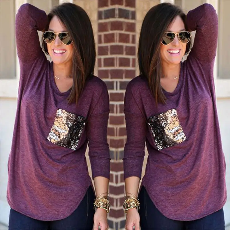 Sequined Pocket Long Sleeve Pullover – Loose O-Neck Casual Top for Plus Size Women