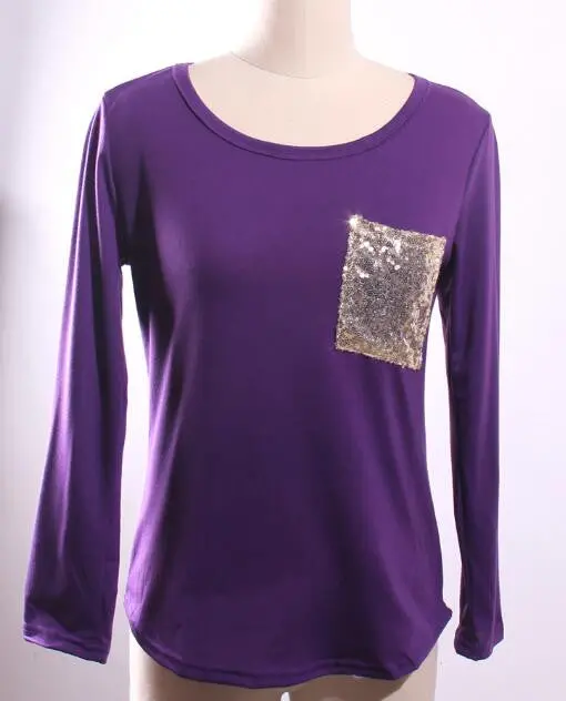 Sequined Pocket Long Sleeve Pullover – Loose O-Neck Casual Top for Plus Size Women
