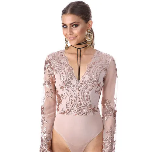 Sequined Women's Bodysuit Top Sexy Deep V Bodysuit Women Long Sleeve Mesh Embroidery Women Tops Romper 1