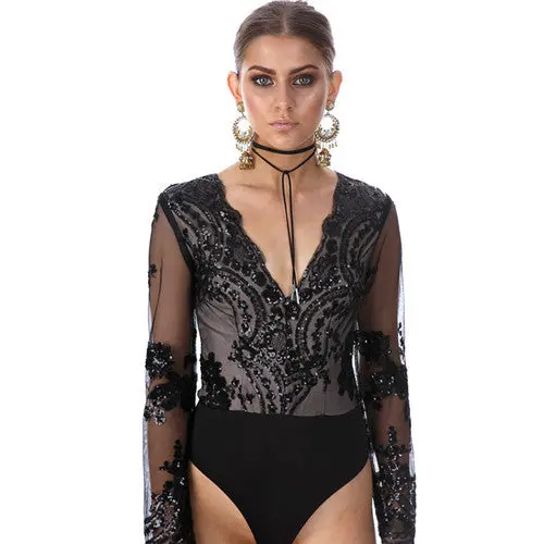 Sequined Women's Bodysuit Top Sexy Deep V Bodysuit Women Long Sleeve Mesh Embroidery Women Tops Romper 5