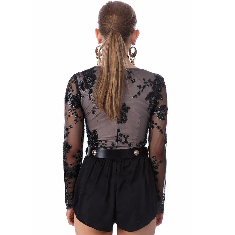 Sequined Women's Bodysuit Top Sexy Deep V Bodysuit Women Long Sleeve Mesh Embroidery Women Tops Romper 6