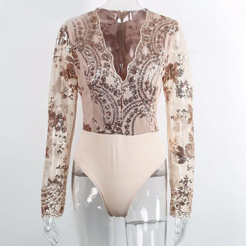Sequined Women's Bodysuit Top Sexy Deep V Bodysuit Women Long Sleeve Mesh Embroidery Women Tops Romper 7