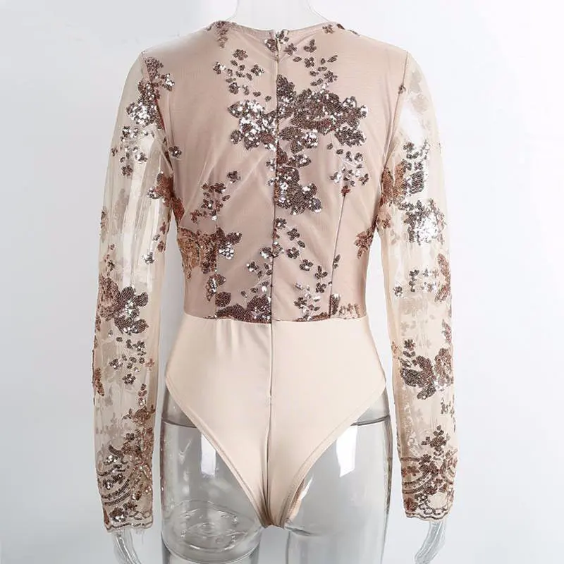 Sequined Women's Bodysuit Top Sexy Deep V Bodysuit Women Long Sleeve Mesh Embroidery Women Tops Romper 8