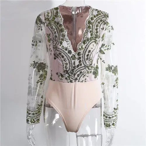 Sequined Women's Bodysuit Top Sexy Deep V Bodysuit Women Long Sleeve Mesh Embroidery Women Tops Romper 9