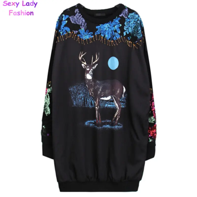 Sequins Spliced Animal Deer Print Mid Long Sweatshirts Pullovers Broochs Pins Long Sleeve Sweats Jumper 1