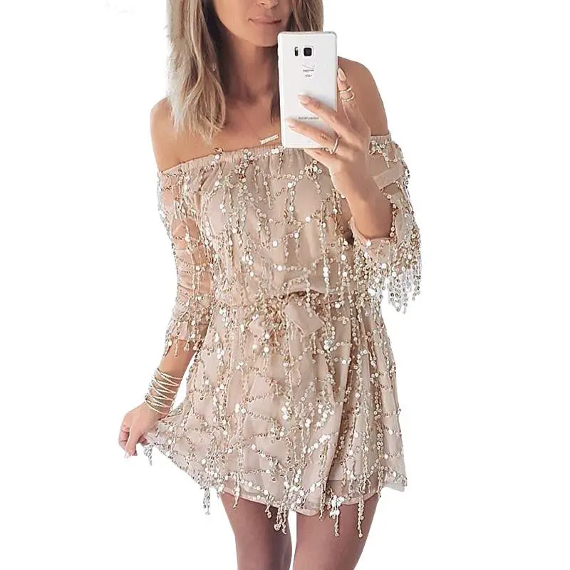Sequins Tassel Party Dress Sexy Off Shoulder Women Dress Beach Strapless Gold Sequin Dress 2