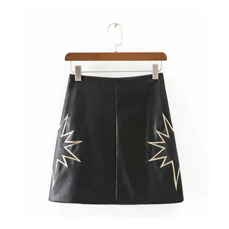 Sexy A-Line Spliced Star Faux Leather Skirt Retro Women Contrast Color Appliques Pattern Mini Short Pu Leather Skirts Black 1