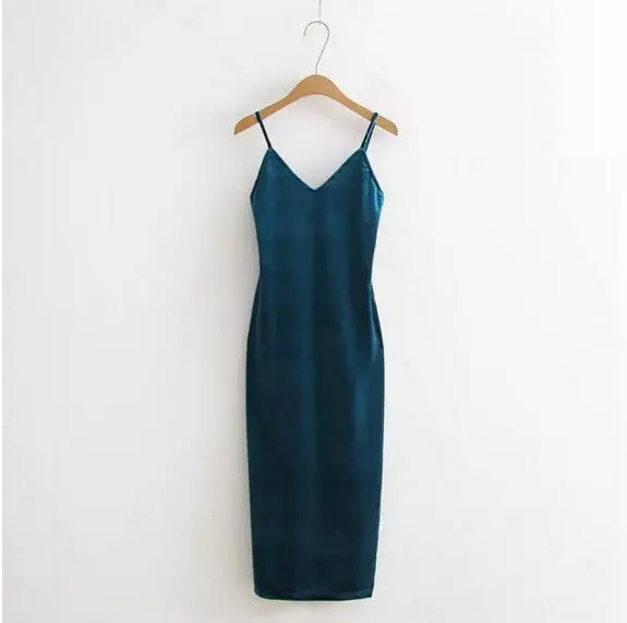 Sexy Aa Backless V Neck Sleeveless Side Slit Velvet Dress Women Bm Retro Velour Long Spaghetti Strap Base Dress 8 Color 3