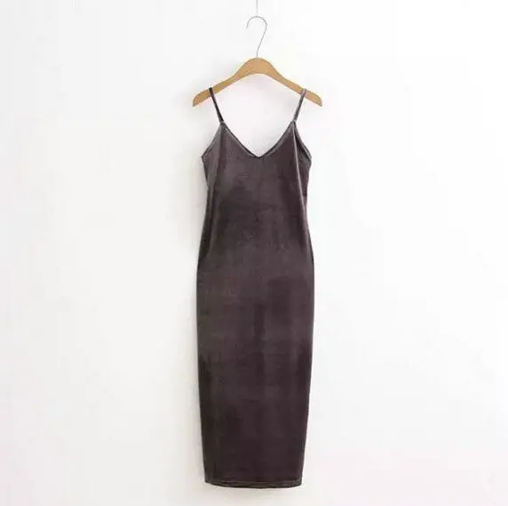 Sexy Aa Backless V Neck Sleeveless Side Slit Velvet Dress Women Bm Retro Velour Long Spaghetti Strap Base Dress 8 Color 4